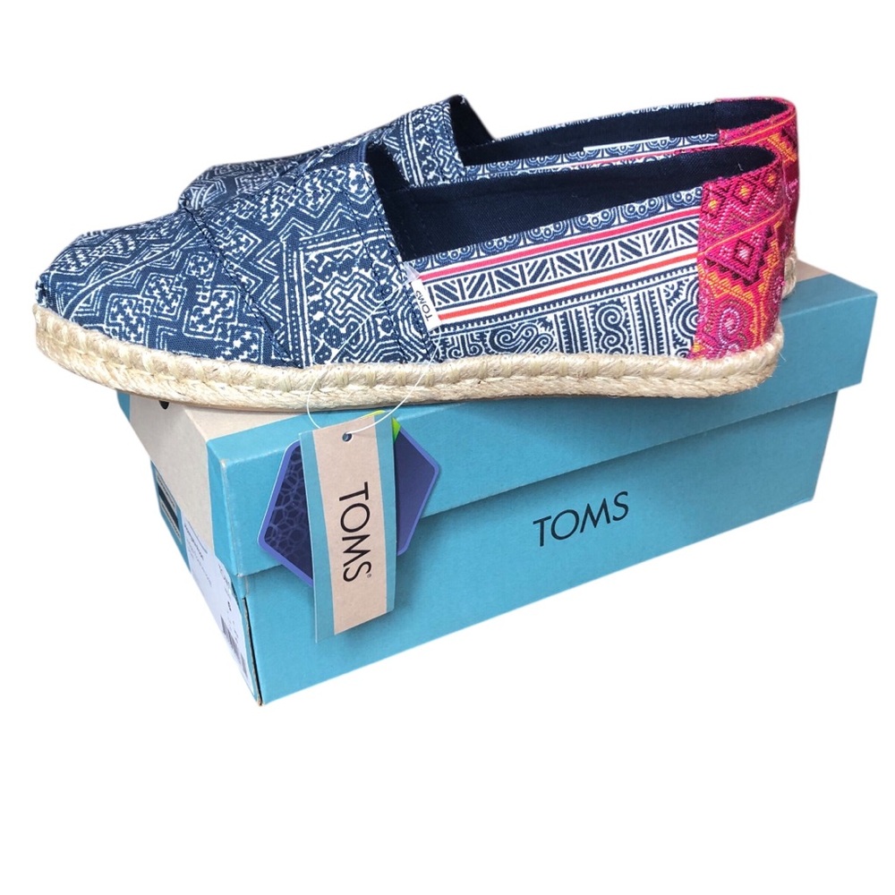 NEW TOMS Espadrille Flats Size 6 Alpargata Rope Indigo Hmong Ortholite Coastal